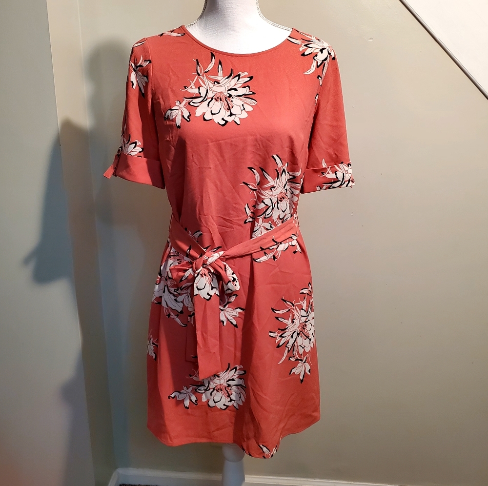 Worthington Women’s A-Line Dress Sz XS Peach Coral Pink Floral Sash Belt